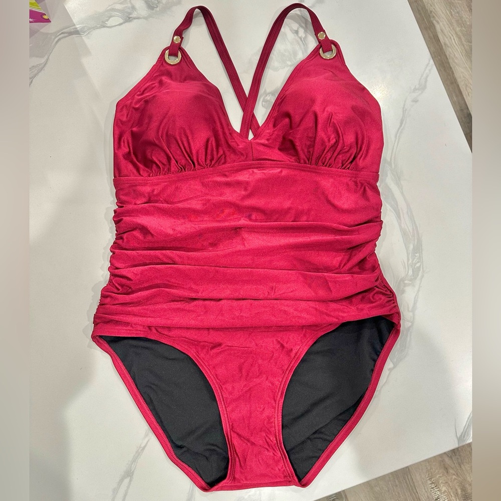 TUMMY CONTROL Halter cross adjustable one piece swimsuit bathing suit gold plus